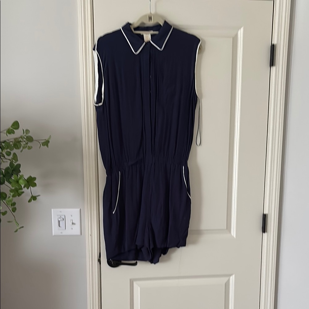 Navy Sleeveless Romper with White Trim